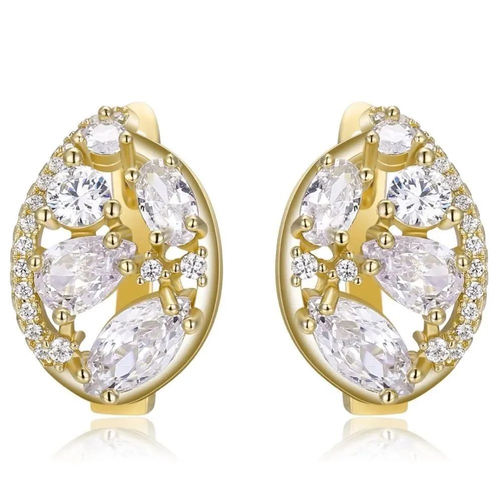 Yellow Gold with White Diamond Cubic Zirconia French Clip Oval Drop Earrings